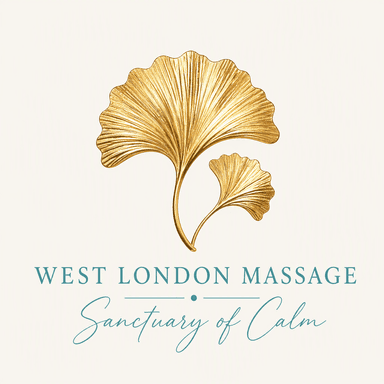 West London Massage - Sanctuary of Calm. Elegant gold ginkgo leaf logo for professional mobile massage therapy